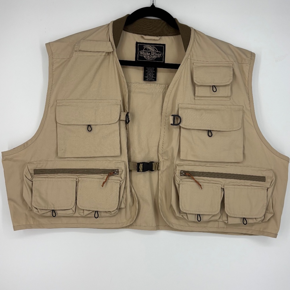 White River Fly Shop Mens XXL Vest Outdoor Fishing Travel Many Pockets Beige